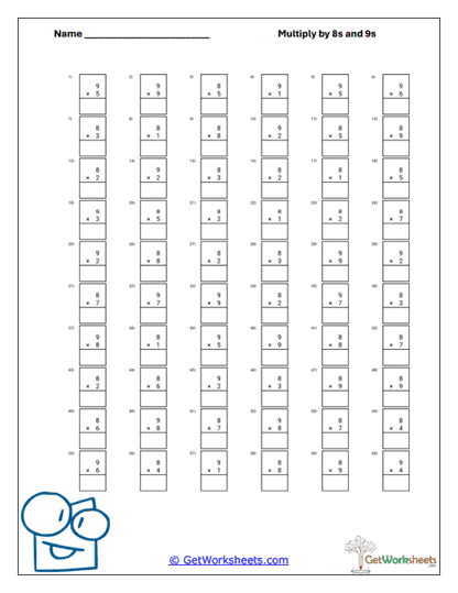 Vertical 9s Grid Worksheet