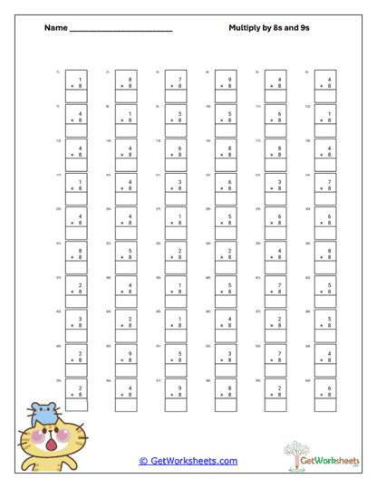 Vertical 8s and 9s Review Worksheet