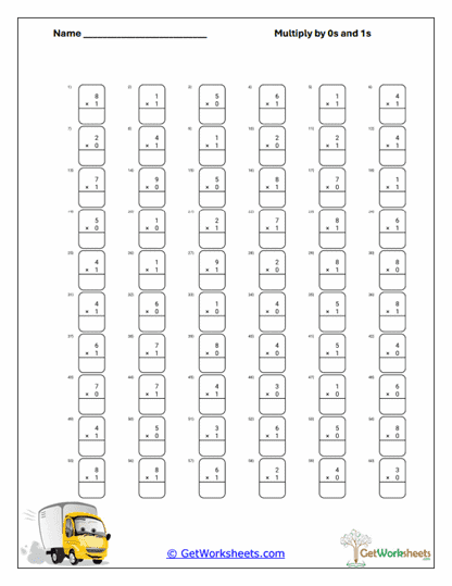 Vertical Zero and One Facts Worksheet