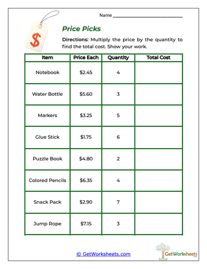 Price Picks Worksheet