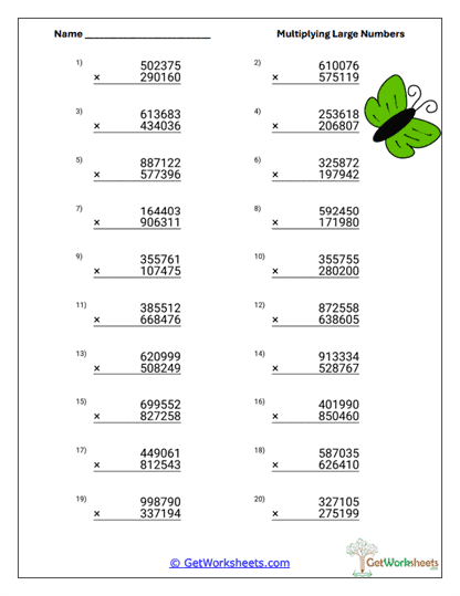 Multiplying Large Number Worksheets