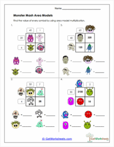Monster-Themed Area Model Worksheet - Multiplication Puzzles