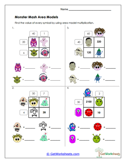 Monster-Themed Area Model Worksheet