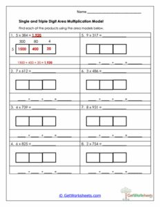 Single and Triple-Digit Area Models Worksheet - Multiplication