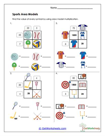 Sports-Themed Area Models Worksheet
