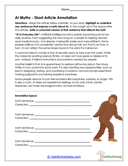 Myths About AI Worksheets