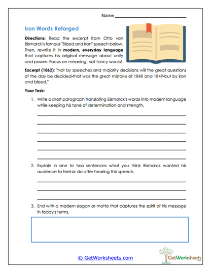 Iron Words Reforged Worksheet - Interpreting Historical Language Worksheet