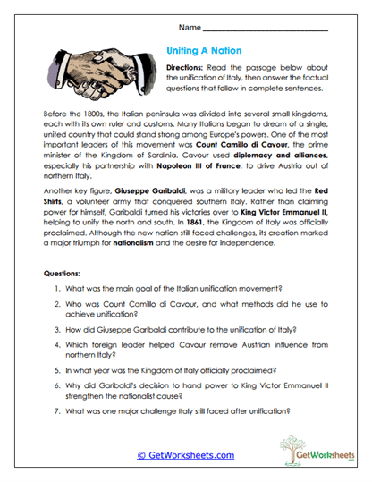 Unifying a Nation Worksheet