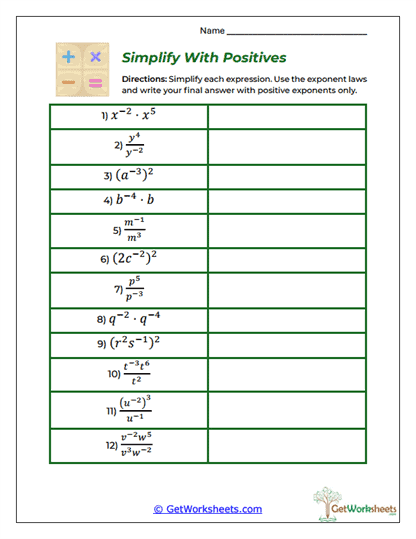 Simplify With Positives Worksheet