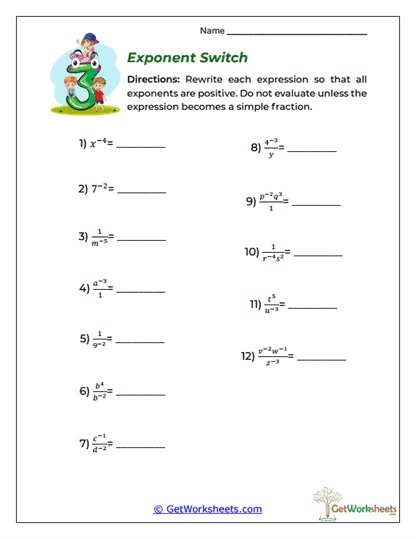 Exponent Switch Worksheet