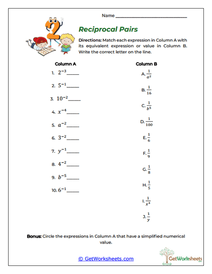 Reciprocal Pairs Worksheet