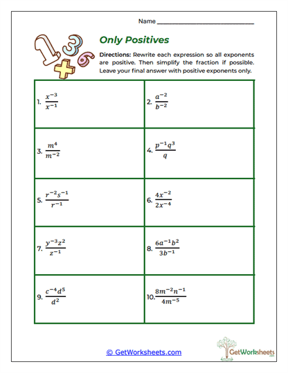 Only Positives Worksheet