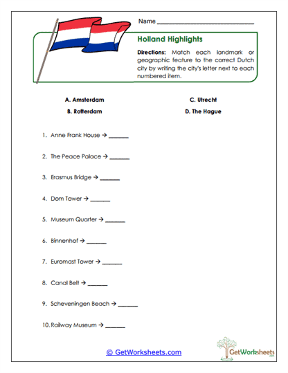 Holland Landmarks Match Worksheet