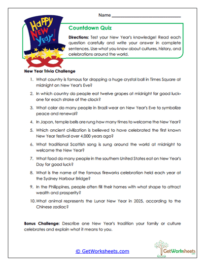 Trivia Quiz Worksheet