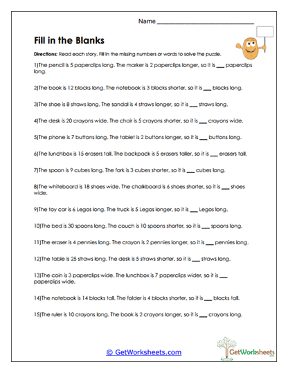 Measurement Fill-in-the-Blanks Worksheet