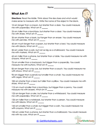 Measurement Riddles - What Am I? Worksheet