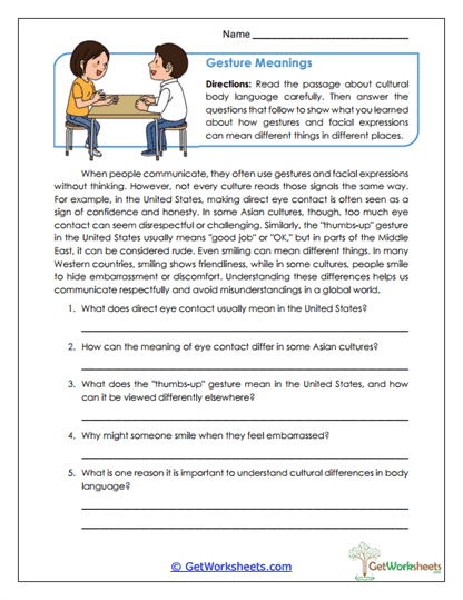 Gesture Meanings Worksheet