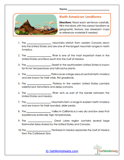 Landform Lookup Worksheet