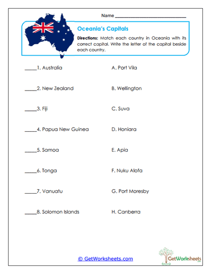 Capitals of Oceania Worksheet