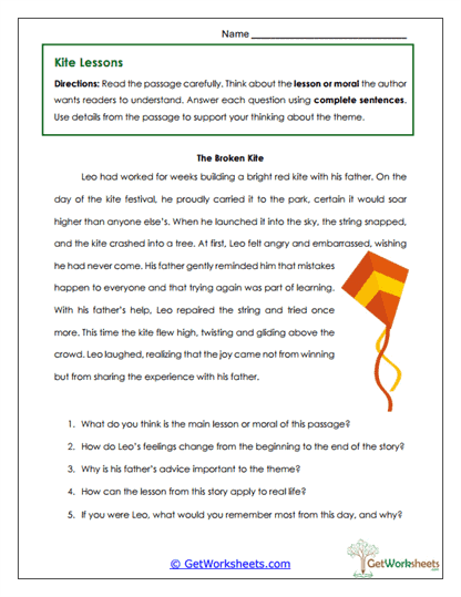 Kite Lessons Worksheet