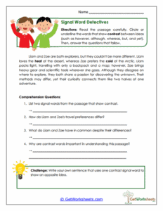 Signal Word Detectives Worksheet - Finding Contrast in Text