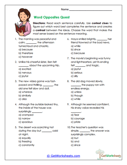 Word Opposites Quest Worksheet