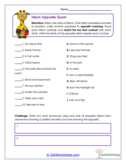 Idiom Opposite Quest Worksheet
