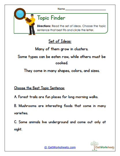 Topic Sentence Selector Worksheet
