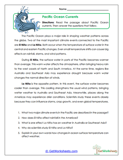 Ocean Currents Worksheet