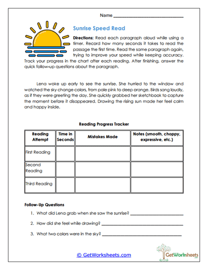 Sunrise Speed Read Worksheet