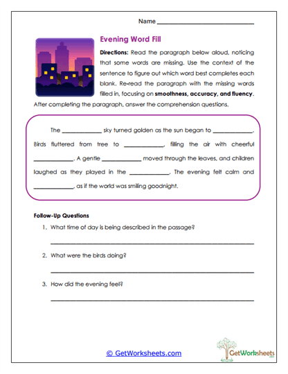 Evening Word Fill Worksheet