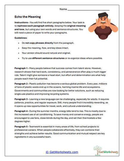 Paraphrasing Worksheets