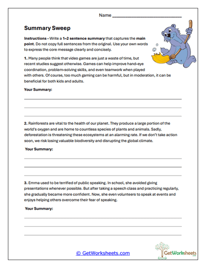 Summary Sweep Worksheet