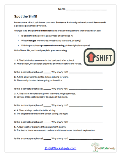 Paraphrase Analysis Worksheet