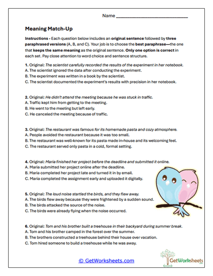 Meaning Match-Up Worksheet