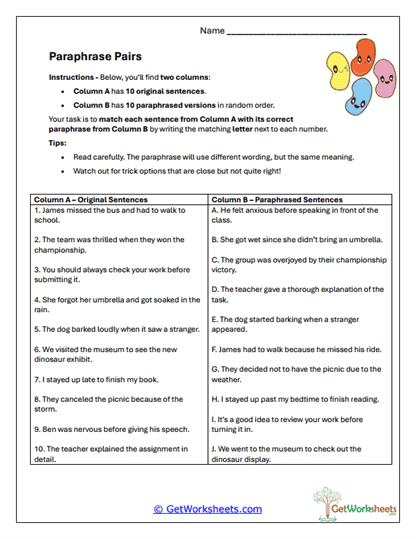Paraphrase Pairs Worksheet
