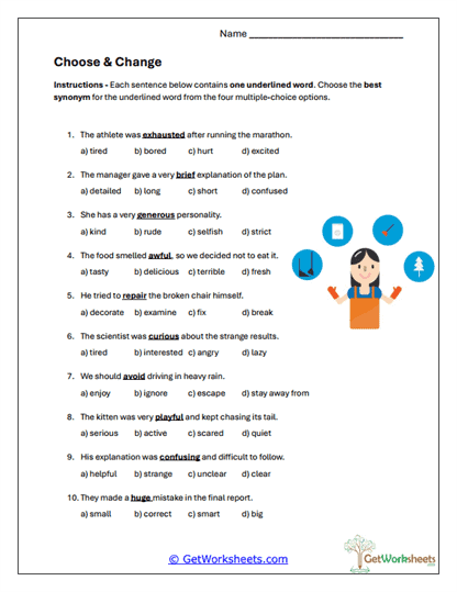 Synonym Choice Worksheet