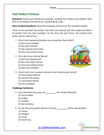 Past Perfect Choices Worksheet