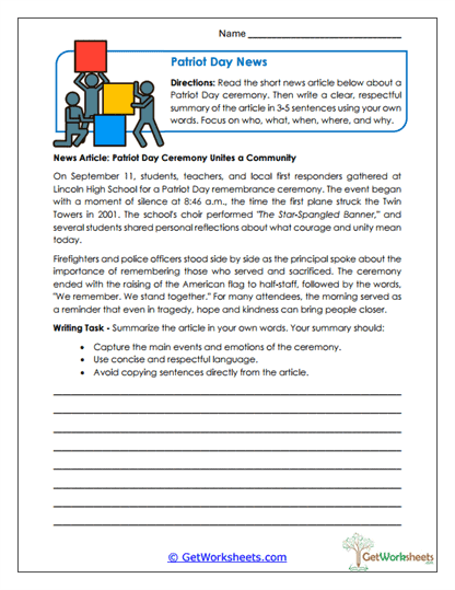 Patriot Day News Worksheet
