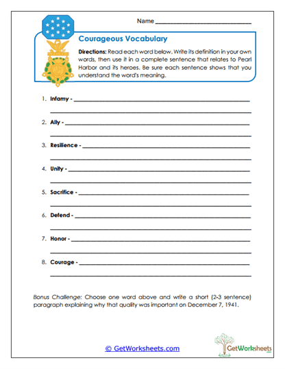 Courageous Vocabulary Worksheet