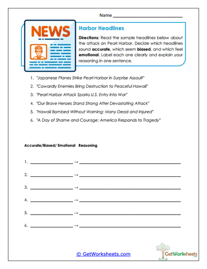 Harbor Headlines Worksheet