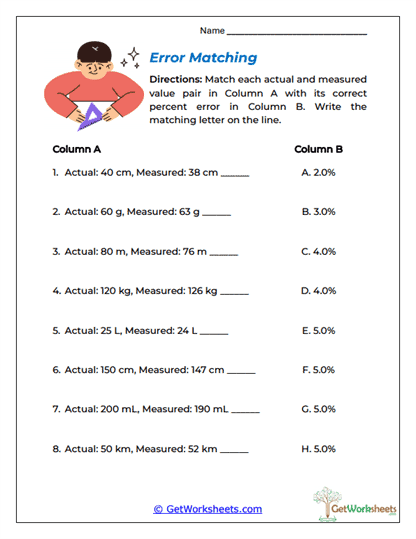 Error Matching Worksheet