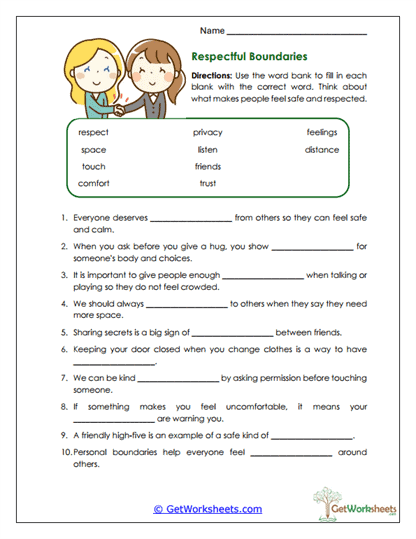 Personal Space and Boundaries Worksheets
