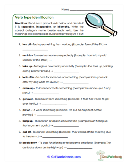 Verb Type Identification Worksheet
