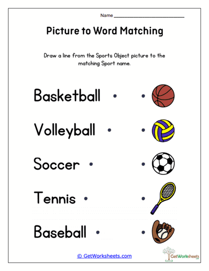Sports Equipment Match Worksheet