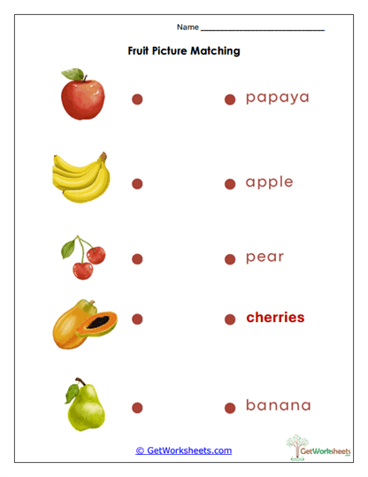 Fruit Word Matching Worksheet