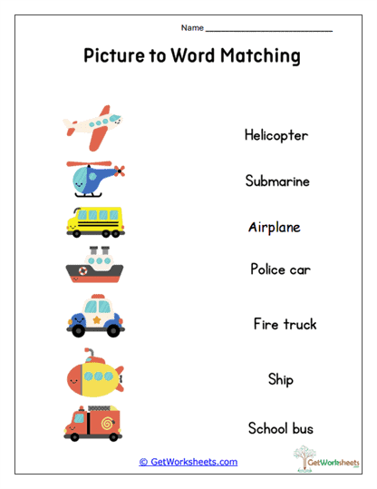 Transportation Word Match Worksheet