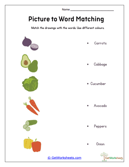 Vegetable Word Match Worksheet