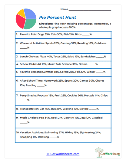 Pie Percent Hunt Worksheet