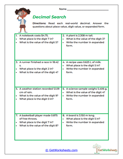 Decimal Search Worksheet